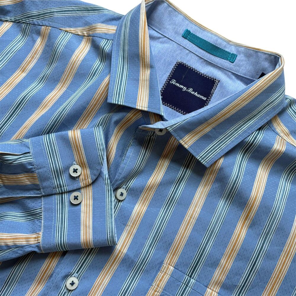 Tommy Bahama Shirt Mens XL Blue Button-Up Striped Cotton Casual Long Sleeve